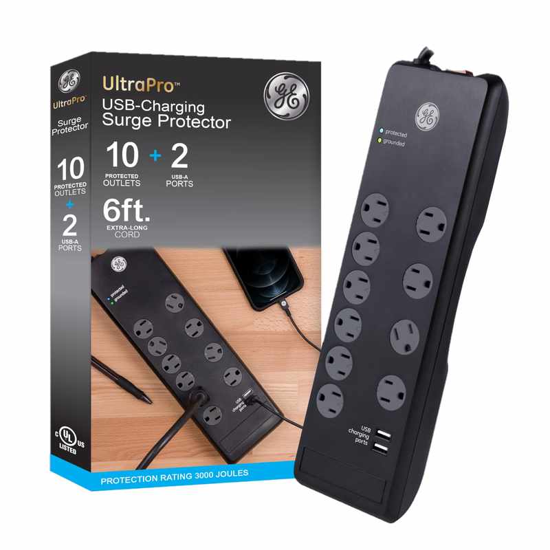 Ge Ultrapro Surge Protector with 8 Outlet Power Strip and 8 Foot Cord